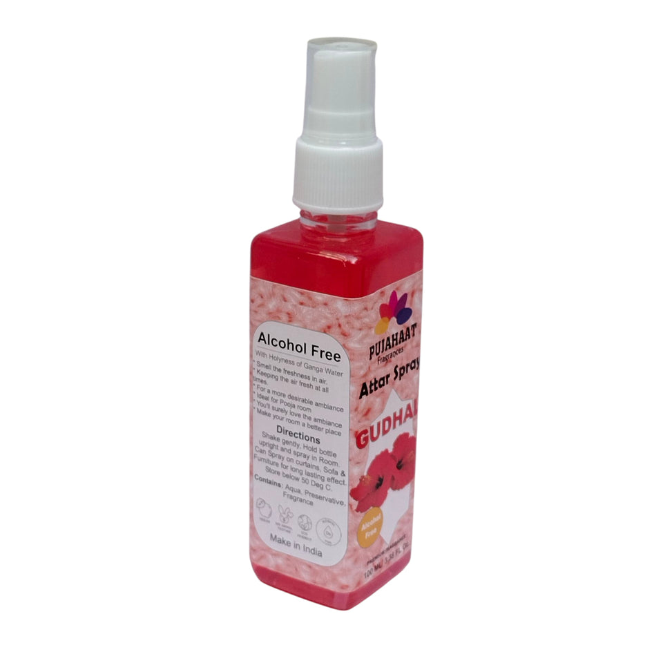 Pujahaat Premium Attar Spray | 100 ml Non Alcoholic Spray | Religious Mist | Air Freshener, Room Mist, Fabric & Linen Spray | Perfect for Prayers Rooms, Living Room, sofas, curtains, car - Gudhal Phool