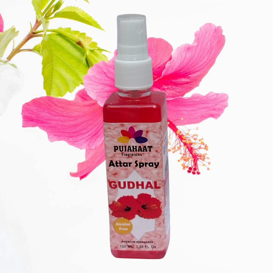 Pujahaat Premium Attar Spray | 100 ml Non Alcoholic Spray | Religious Mist | Air Freshener, Room Mist, Fabric & Linen Spray | Perfect for Prayers Rooms, Living Room, sofas, curtains, car - Gudhal Phool