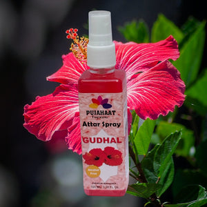 Pujahaat Premium Attar Spray | 100 ml Non Alcoholic Spray | Religious Mist | Air Freshener, Room Mist, Fabric & Linen Spray | Perfect for Prayers Rooms, Living Room, sofas, curtains, car - Gudhal Phool