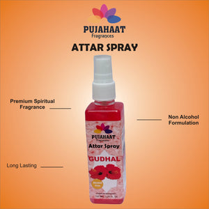 Pujahaat Premium Attar Spray | 100 ml Non Alcoholic Spray | Religious Mist | Air Freshener, Room Mist, Fabric & Linen Spray | Perfect for Prayers Rooms, Living Room, sofas, curtains, car - Gudhal Phool
