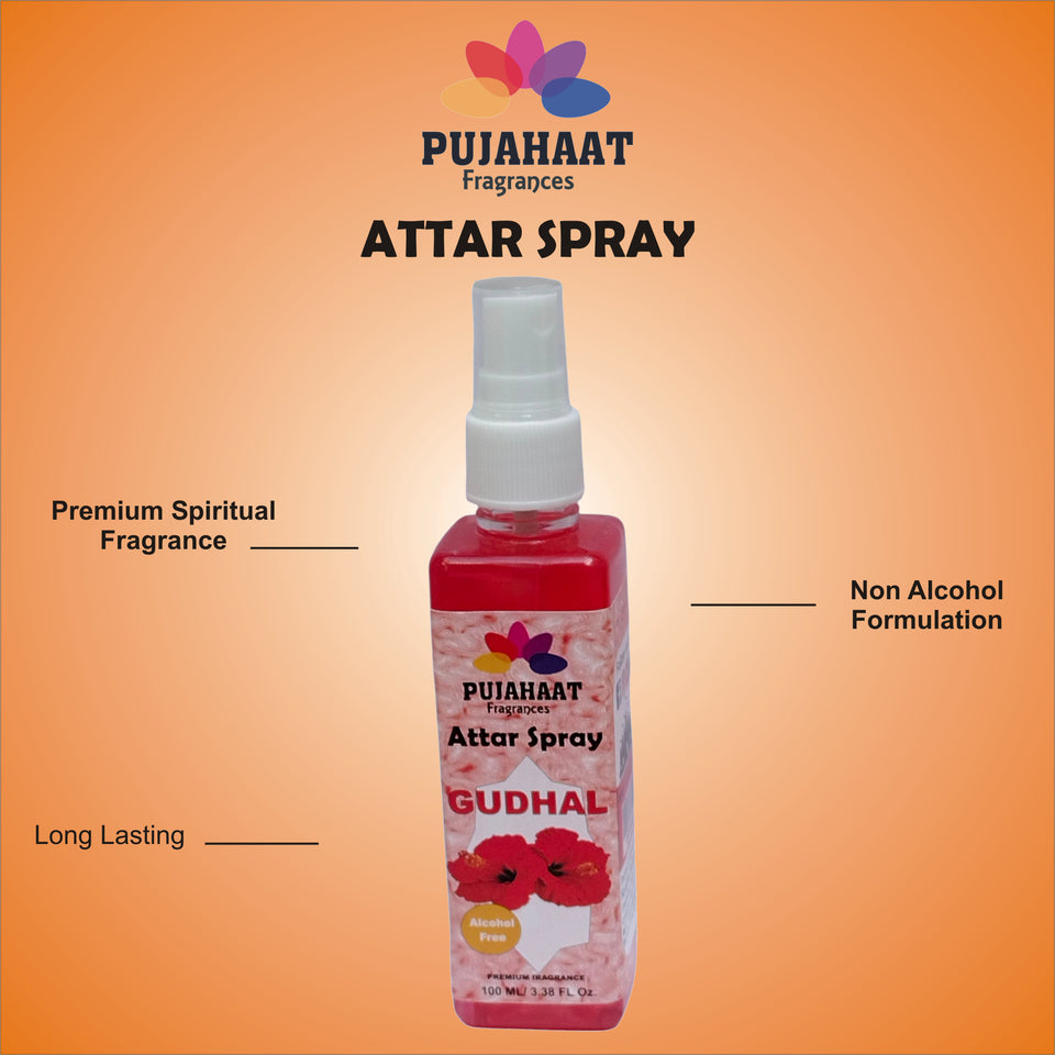 Pujahaat Premium Attar Spray | 100 ml Non Alcoholic Spray | Religious Mist | Air Freshener, Room Mist, Fabric & Linen Spray | Perfect for Prayers Rooms, Living Room, sofas, curtains, car - Gudhal Phool