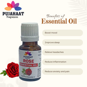 Pujahaat Rose (Gulab Oil) Essential Oil Natural and Therapeutic Grade For Skin, Aromatherapy - Vegan & Cruelty free - 15 ml