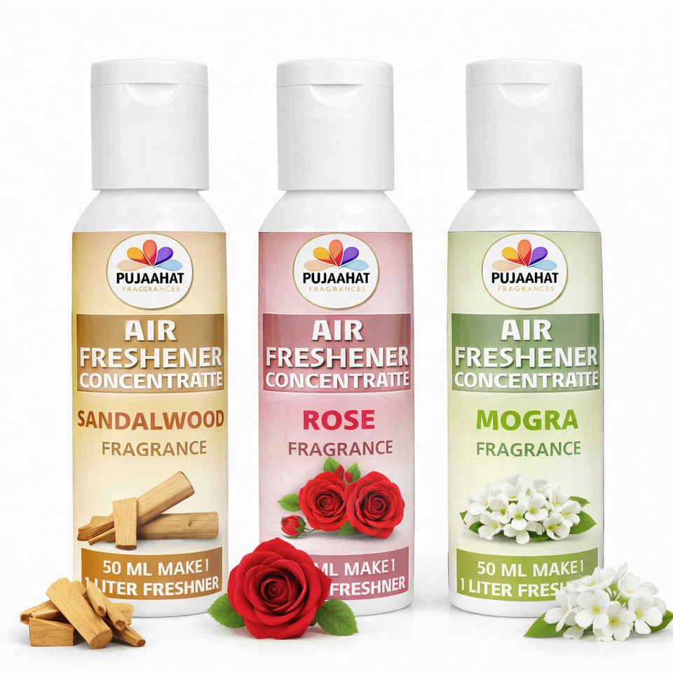 Sandalwood, Rose, Mogra Air Freshener Concentrate Set of 3 (50ml Each) Makes 1 Liter Each | Long Lasting Room Freshener Liquid | Fragrance Combo for Home, Office, Car | Alcohol-Free Premium Fragrance by Pujahaat