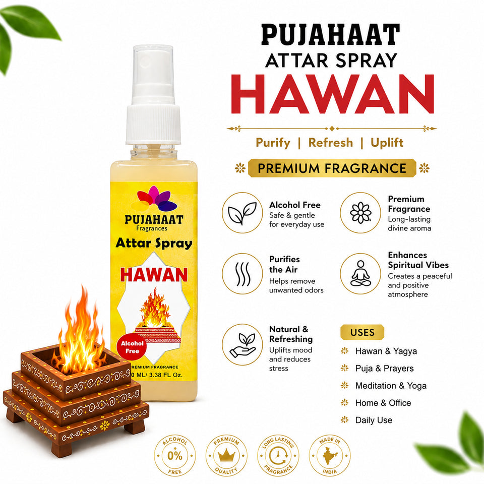 Pujahaat Premium Attar Spray | 100 ml Non Alcoholic Spray | Religious Mist | Air Freshener, Room Mist, Fabric & Linen Spray | Perfect for Prayers Rooms, Living Room - Hawan Samagri