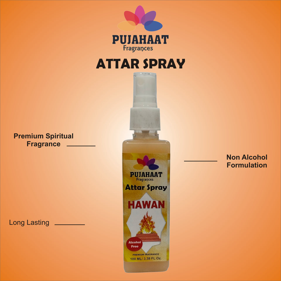 Pujahaat Premium Attar Spray | 100 ml Non Alcoholic Spray | Religious Mist | Air Freshener, Room Mist, Fabric & Linen Spray | Perfect for Prayers Rooms, Living Room, sofas, curtains, car - Hawan Samagri