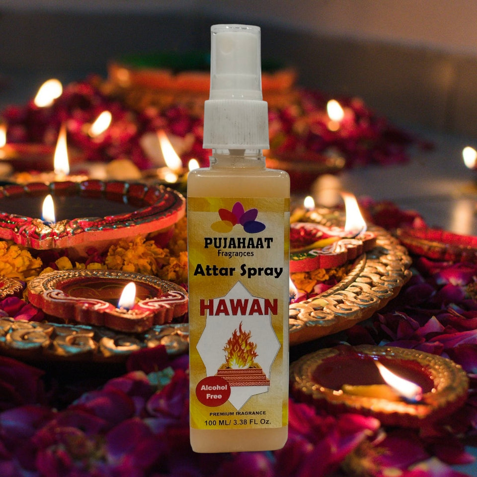 Pujahaat Premium Attar Spray | 100 ml Non Alcoholic Spray | Religious Mist | Air Freshener, Room Mist, Fabric & Linen Spray | Perfect for Prayers Rooms, Living Room, sofas, curtains, car - Hawan Samagri