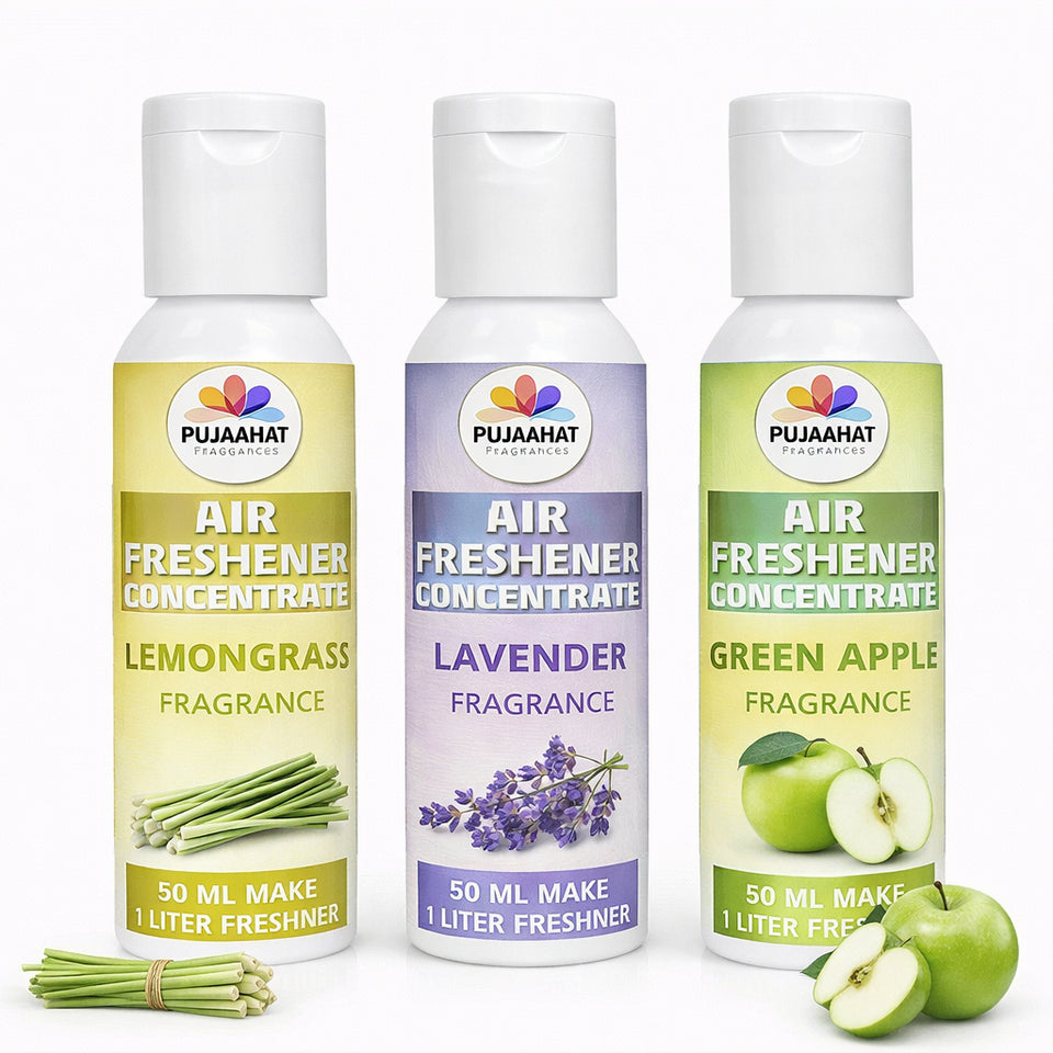 Lemon Grass, Green Apple, Lavender Air Freshener Concentrate Set of 3 (50ml Each) Makes 1 Liter Each | Long Lasting Room Freshener Liquid | Fragrance Combo for Home, Office, Car | Alcohol-Free Premium Fragrance by Pujahaat