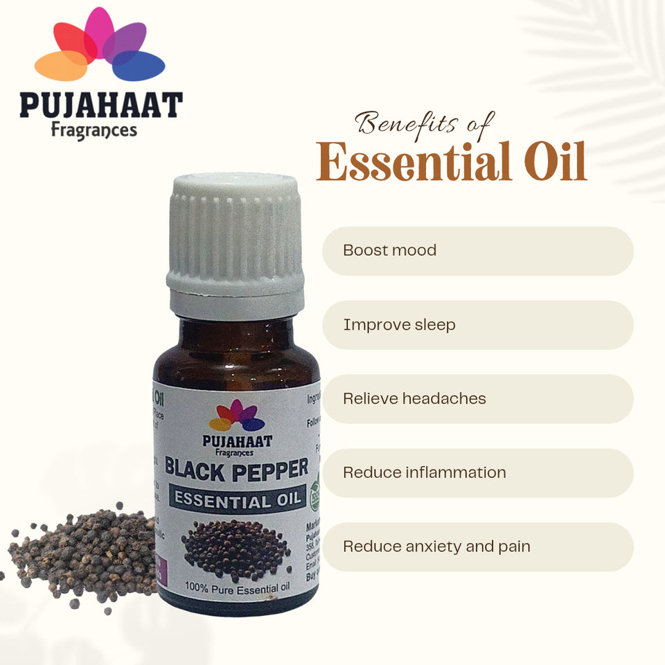 Pujahaat Black Pepper Essential Oil, 100% Pure & Undiluted Therapeutic Grade Oil for Radical Skin & Hair Growth, Piper Nigrum Oil For Aromatherapy & Massage - Vegan & Cruelty free - 15 ml