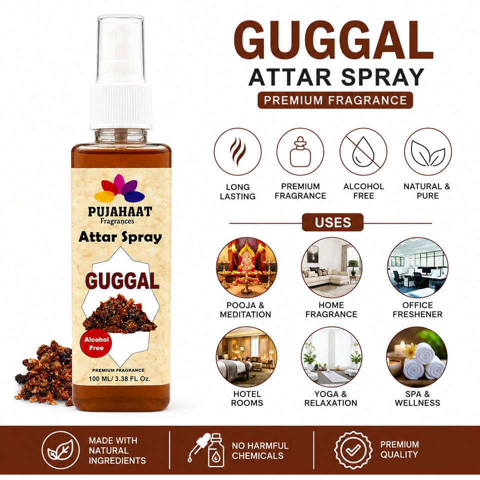 Pujahaat Premium Attar Spray | 100 ml Non Alcoholic Spray | Religious Mist | Air Freshener, Room Mist, Fabric & Linen Spray | Perfect for Prayers Rooms, Living Room, sofas, curtains, car - Guggal Fragrance