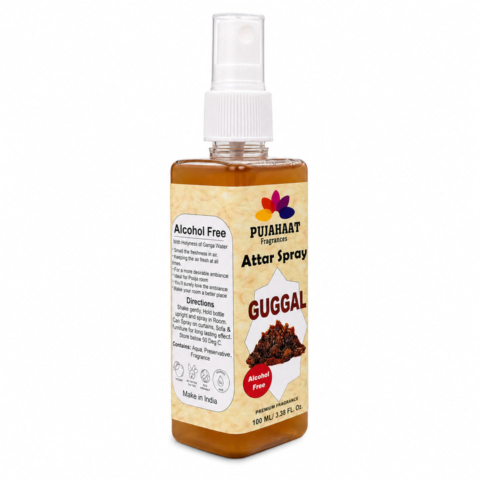 Pujahaat Premium Attar Spray | 100 ml Non Alcoholic Spray | Religious Mist | Air Freshener, Room Mist, Fabric & Linen Spray | Perfect for Prayers Rooms, Living Room, sofas, curtains, car - Guggal Fragrance