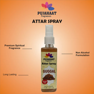 Pujahaat Premium Attar Spray | 100 ml Non Alcoholic Spray | Religious Mist | Air Freshener, Room Mist, Fabric & Linen Spray | Perfect for Prayers Rooms, Living Room, sofas, curtains, car - Guggal Fragrance