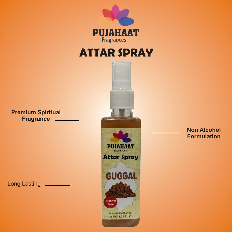 Pujahaat Premium Attar Spray | 100 ml Non Alcoholic Spray | Religious Mist | Air Freshener, Room Mist, Fabric & Linen Spray | Perfect for Prayers Rooms, Living Room, sofas, curtains, car - Guggal Fragrance
