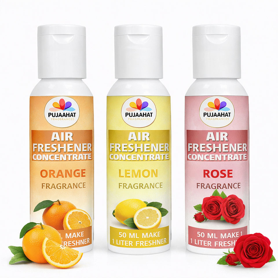 Orange, Lemon, Rose Air Freshener Concentrate Set of 3 (50ml Each) Makes 1 Liter Each | Long Lasting Room Freshener Liquid | Fragrance Combo for Home, Office, Car | Alcohol-Free Premium Fragrance by Pujahaat