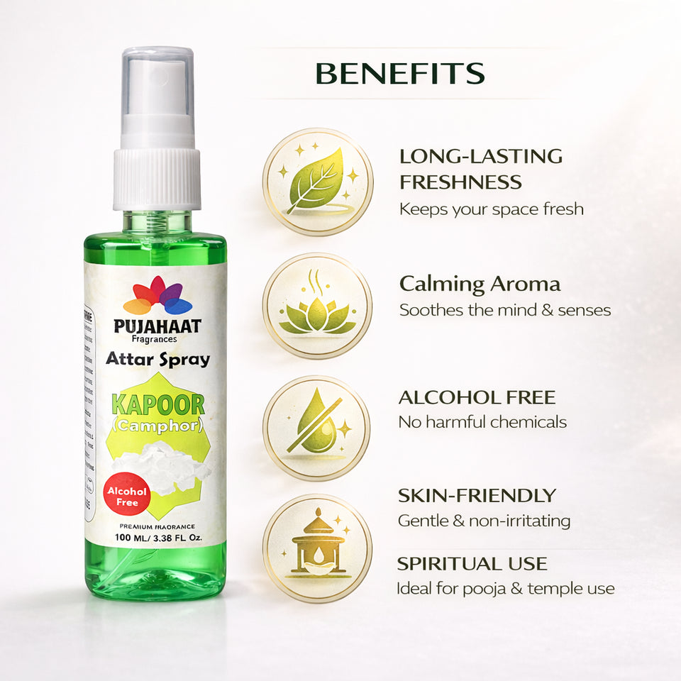 Kapoor Attar Spray by Pujahaat | 100ml Non Alcoholic Spray | Religious Mist | Air Freshener, Room Mist, Fabric & Linen Spray | Perfect for Prayer mats, beds, sofas, curtains