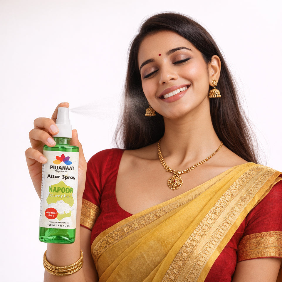 Kapoor Attar Spray by Pujahaat | 100ml Non Alcoholic Spray | Religious Mist | Air Freshener, Room Mist, Fabric & Linen Spray | Perfect for Prayer mats, beds, sofas, curtains
