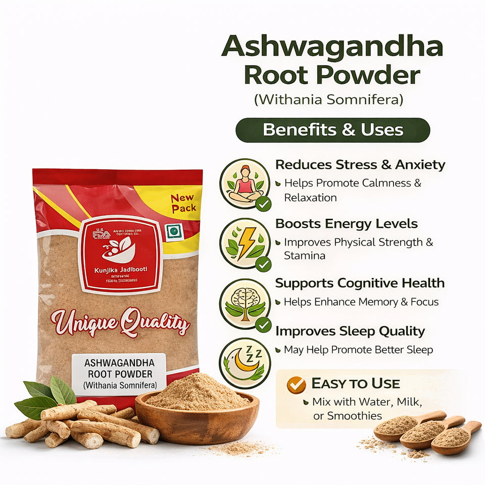 Kunjika Jadibooti Aswagandhada Powder, Ashwagandha root, Asvagandha, Aswaghanda, Aswagandha, Ashavagadha, Asvagangha, Withania somnifera, Boost Immunity - Pure & Natural 100 gm