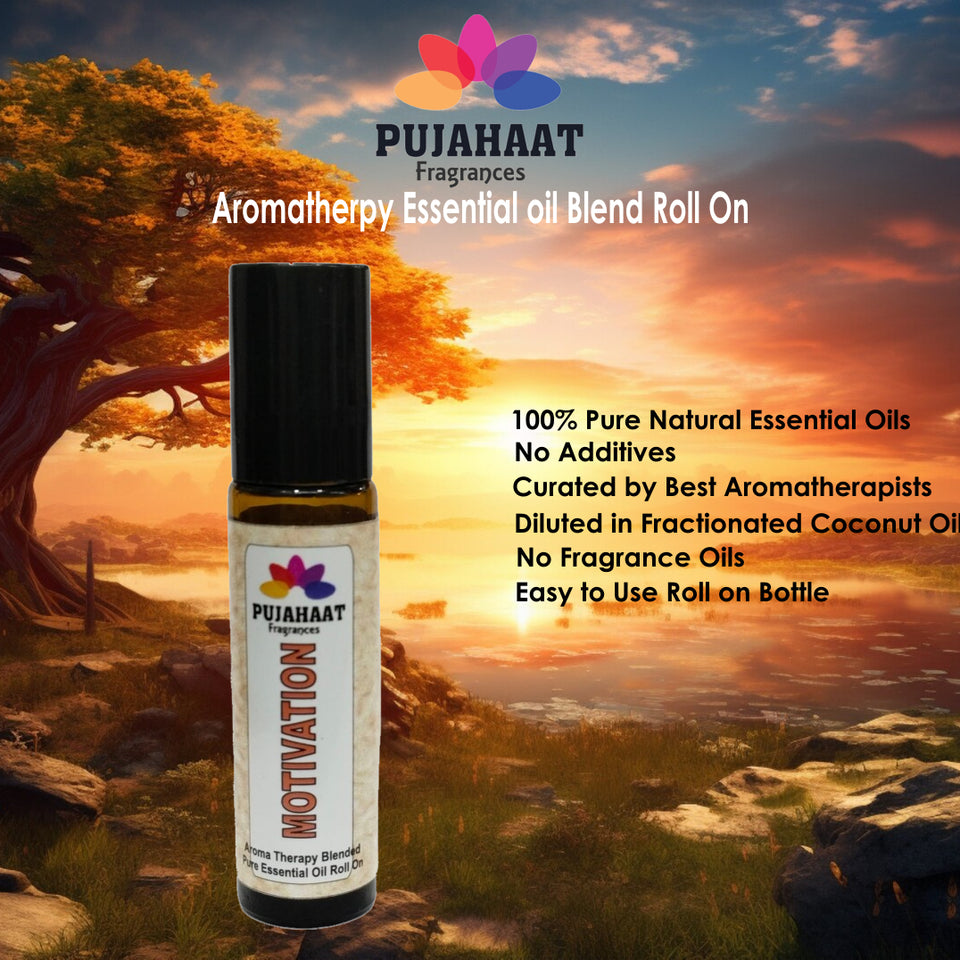 Pujahaat Motivation Aromatherapy Roll-on | Blend of Essential Oils | Promotes Feelings of Confidence, Courage and Belief, Counteracts Negative Emotions | 10ml/0.33 fl oz - Motivation Roll-on