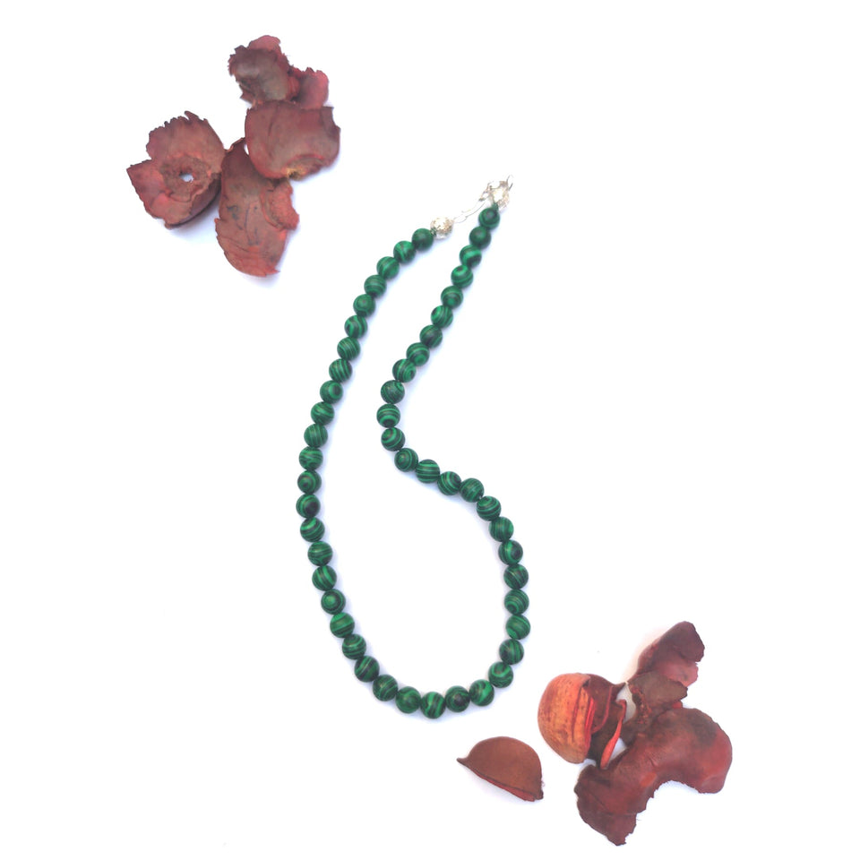 Malachite Crystal Round Beads Necklace 15 Inches 6 mm Beads Semi precious Mala