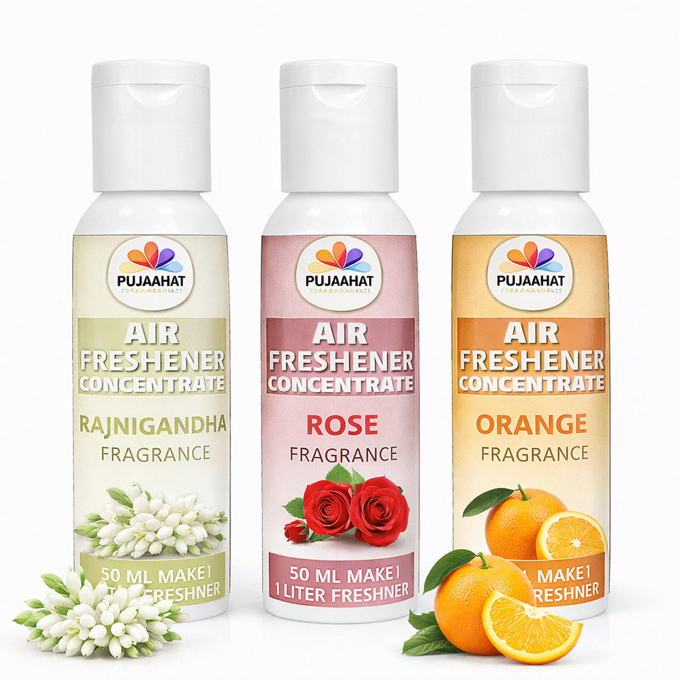 Rajnigandha, Rose, Orange Air Freshener Concentrate Set of 3 (50ml Each) Makes 1 Liter Each | Long Lasting Room Freshener Liquid | Fragrance Combo for Home, Office, Car | Alcohol-Free Premium Fragrance by Pujahaat