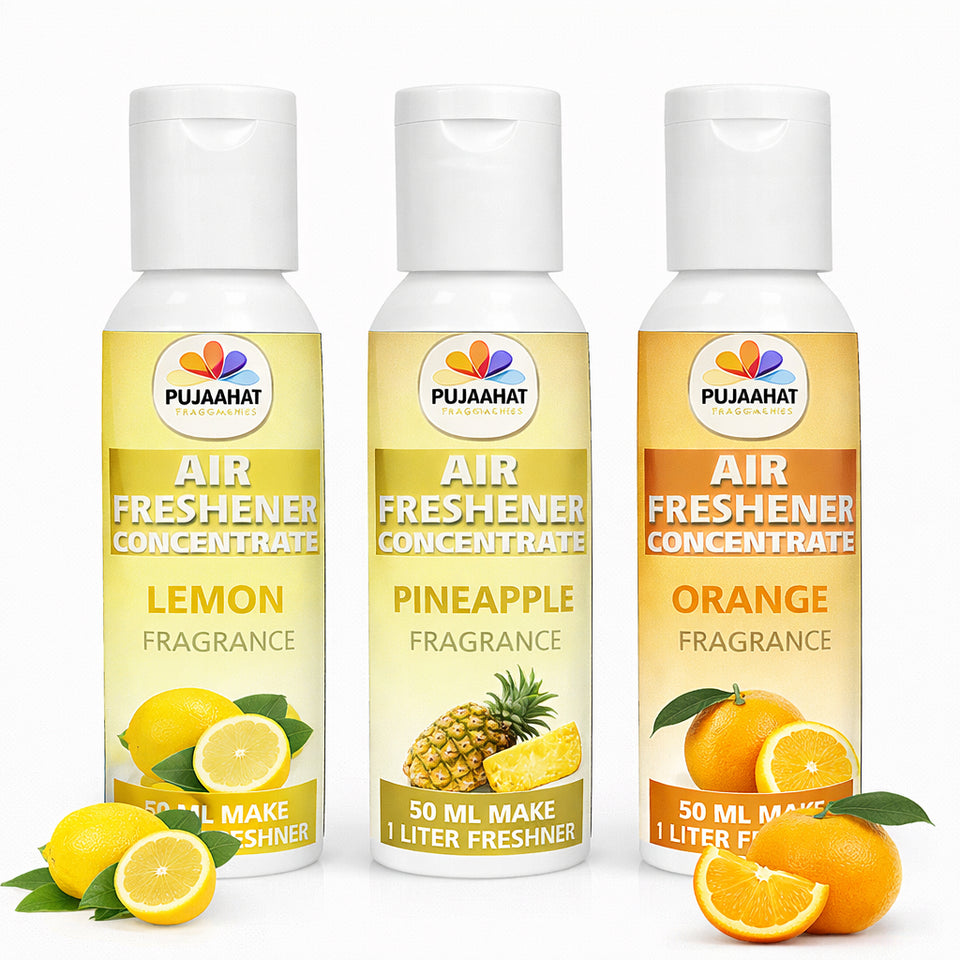 Lemon, Pineapple, Orange Air Freshener Concentrate Set of 3 (50ml Each) Makes 1 Liter Each | Long Lasting Room Freshener Liquid | Fragrance Combo for Home, Office, Car | Alcohol-Free Premium Fragrance by Pujahaat