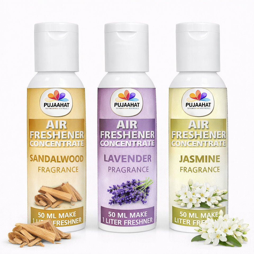 Sandalwood, Lavender, Jasmine Air Freshener Concentrate Set of 3 (50ml Each) Makes 1 Liter Each | Long Lasting Room Freshener Liquid | Fragrance Combo for Home, Office, Car | Alcohol-Free Premium Fragrance by Pujahaat