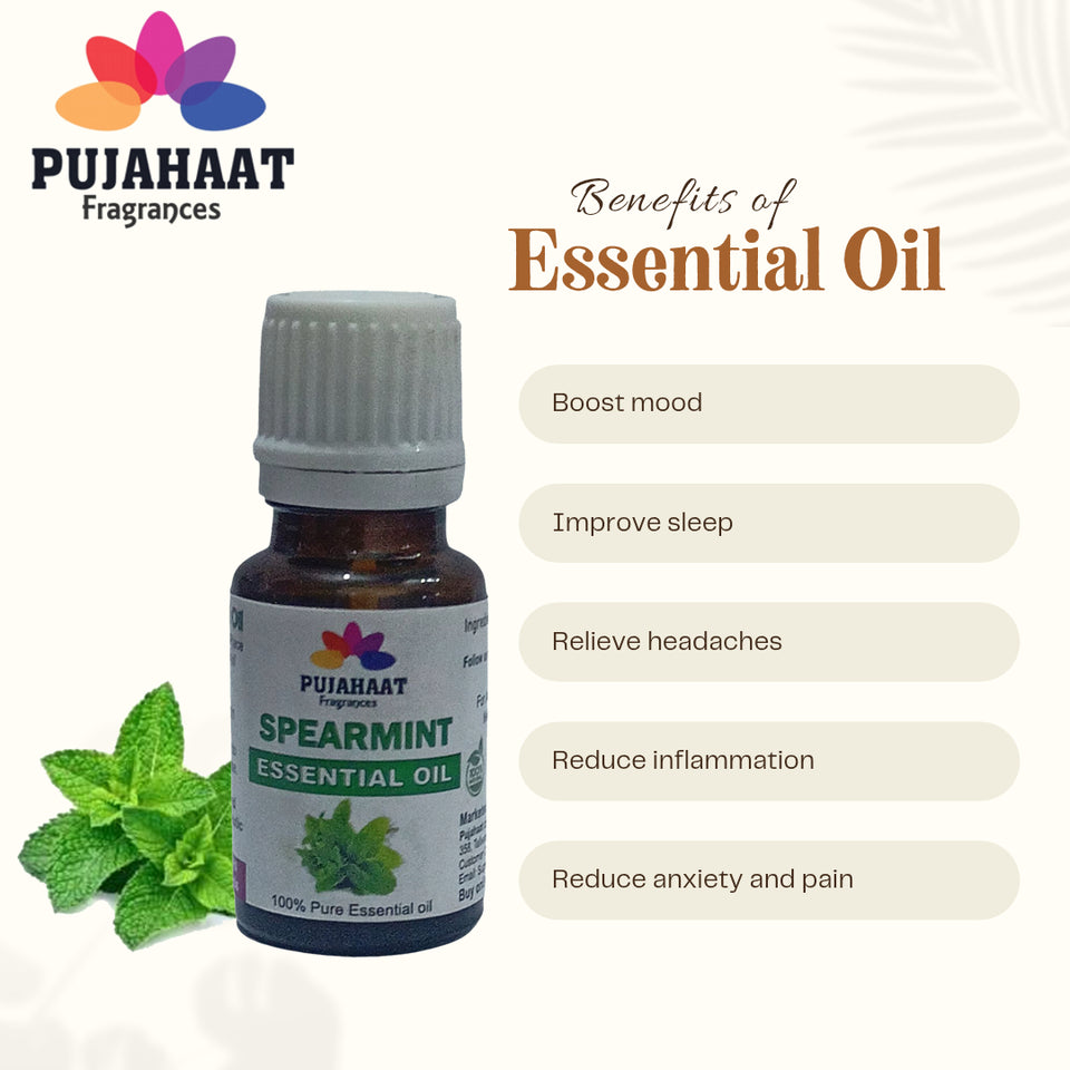 Pujahaat Spearmint Essential Oil | For Skin, Hair, Face & Body | Natural & Pure | Suitable for All Skin Types | Ideal for Aromatherapy | Therapeutic Grade - Vegan & Cruelty free - 15 ml