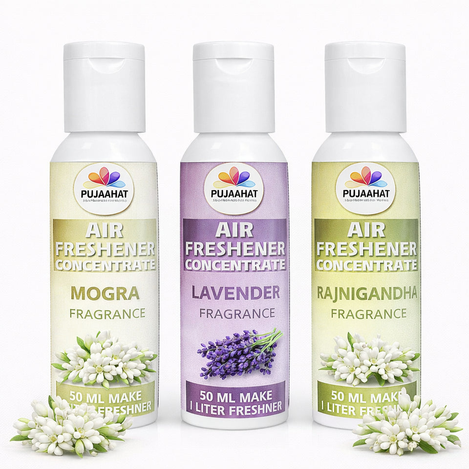 Mogra, Lavender, Rajnigandha Air Freshener Concentrate Set of 3 (50ml Each) Makes 1 Liter Each | Long Lasting Room Freshener Liquid | Fragrance Combo for Home, Office, Car | Alcohol-Free Premium Fragrance by Pujahaat