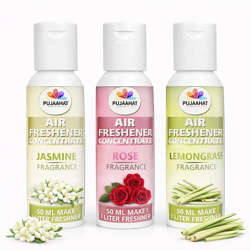 Jasmine, Rose, Lemongrass Air Freshener Concentrate Set of 3 (50ml Each) Makes 1 Liter Each | Long Lasting Room Freshener Liquid | Fragrance Combo for Home, Office, Car | Alcohol-Free Premium Fragrance by Pujahaat