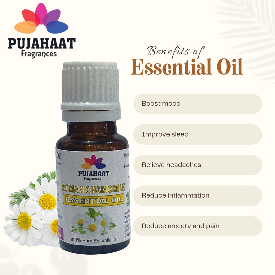 Pujahaat Roman Chamomile Essential Oil - Awesome for Stress Reduction and Sleep - Natural Moisturizer for Sensitive & Dry Skin - 100% Pure Therapeutic Grade for Aromatherapy - Vegan & Cruelty free - 15 ml