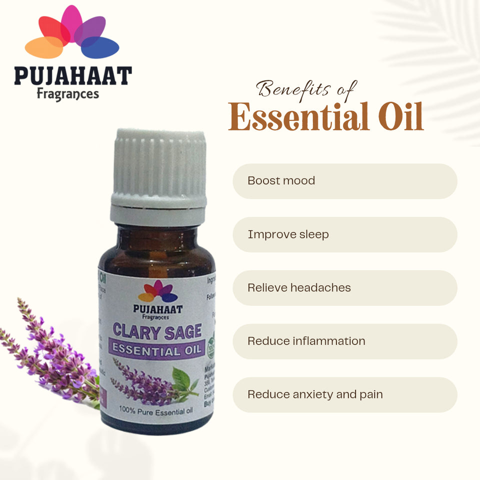 Pujahaat Clary Sage Essential Oil (Salvia sclarea) Pure | Non-Sticky | Non-greasy | Lightweight | Men & Women | All Skin Types | Steam Distilled Therapeutic-Grade - 15 ml