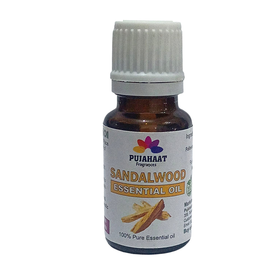 Pujahaat Sandalwood Essential Oil | For Skin Nourishment, Deep Hydration, Diffuser, Bath, Massage, DIY Beauty | Long Lasting Fragrance| 100% Organic, Undiluted, Natural & Sustainable Therapeutic-Grade - 15 ml