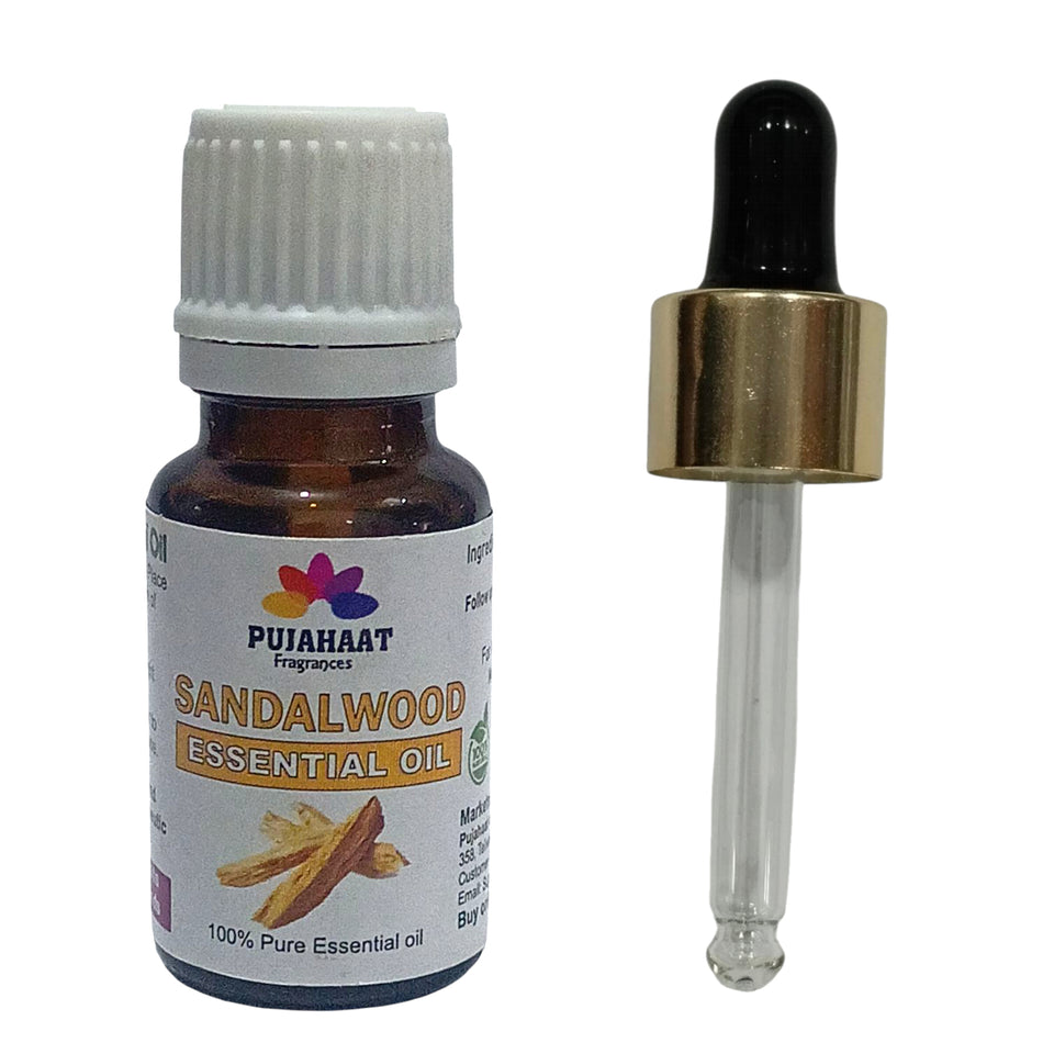 Pujahaat Sandalwood Essential Oil | For Skin Nourishment, Deep Hydration, Diffuser, Bath, Massage, DIY Beauty | Long Lasting Fragrance| 100% Organic, Undiluted, Natural & Sustainable Therapeutic-Grade - 15 ml