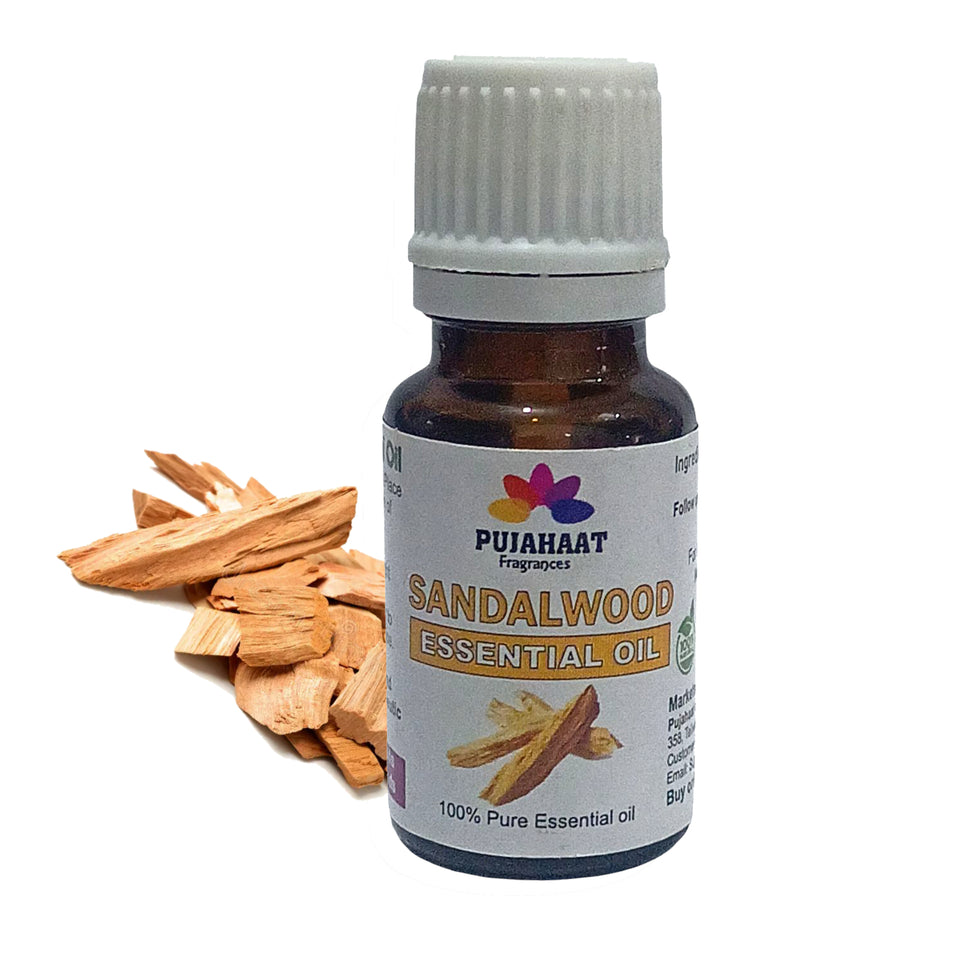 Pujahaat Sandalwood Essential Oil | For Skin Nourishment, Deep Hydration, Diffuser, Bath, Massage, DIY Beauty | Long Lasting Fragrance| 100% Organic, Undiluted, Natural & Sustainable Therapeutic-Grade - 15 ml