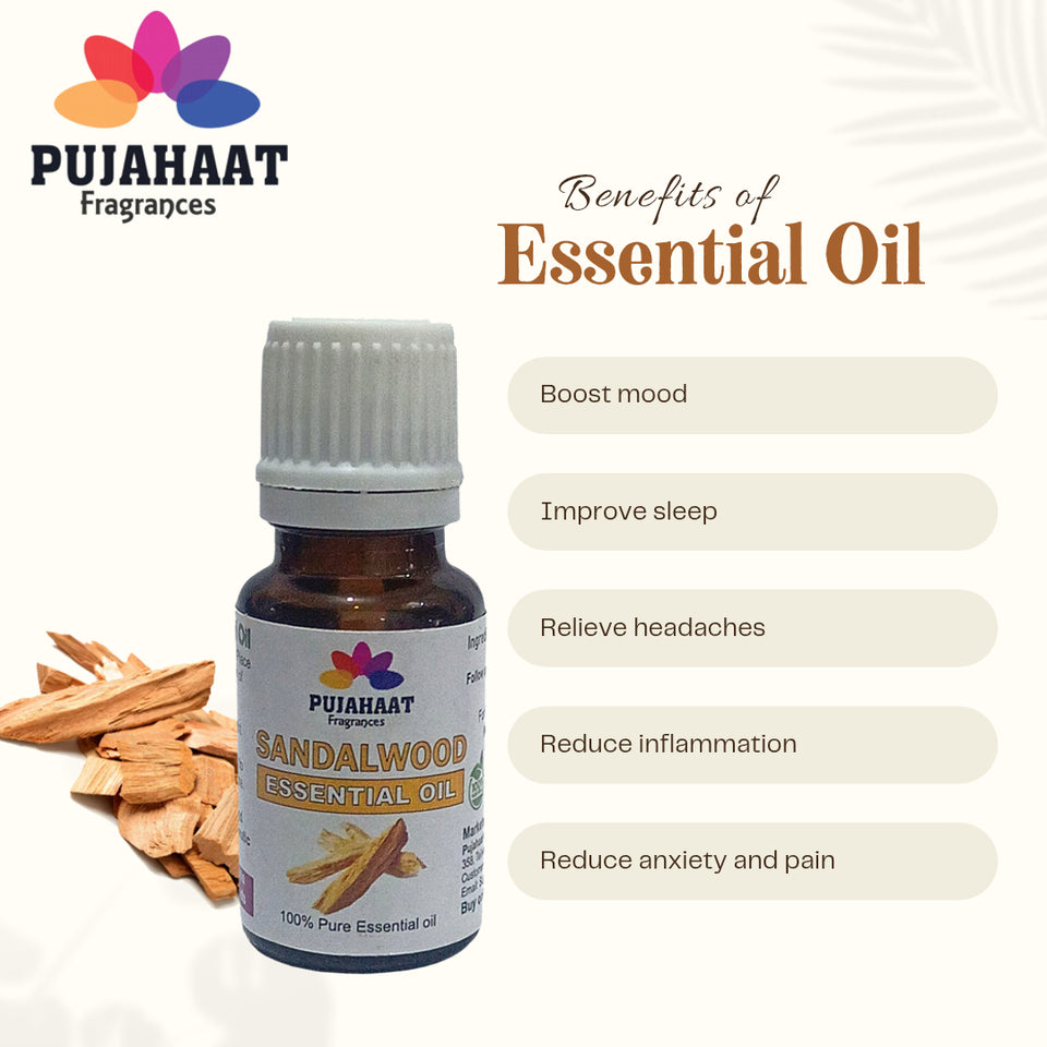 Pujahaat Sandalwood Essential Oil | For Skin Nourishment, Deep Hydration, Diffuser, Bath, Massage, DIY Beauty | Long Lasting Fragrance| 100% Organic, Undiluted, Natural & Sustainable Therapeutic-Grade - 15 ml