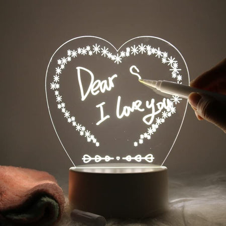 Acrylic Creative Message Board 3D with LED Light Base Holder, with Writing Pen & Cloth (Transparent, Heart Shape, 5x6 Inches)