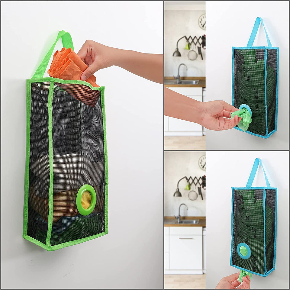 Mesh Reusable Net Hanging Breathable Garbage Grocery Shopping Cloth Bag Storage Dispenser Holder Pouch- Trash Bag Organizer for Kitchen Home