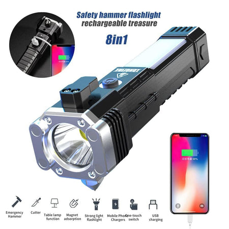 Portable Rechargeable Torch LED Flashlight Long Distance Beam Range with Power Bank, Hammer and Strong Magnets, Window Glass and Seat Belt Cutter 4 Modes for Car Camping Hiking Indoor Outdoor
