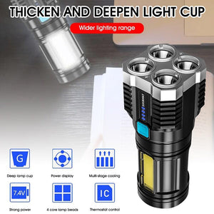Portable LED Tactical Flashlight Rechargeable Torch Long Distance Beam Range with 4 Lighting Modes and Power Bank 800 Lumens COB Light for Emergency,Outoor,Camping (4 Led Torch)