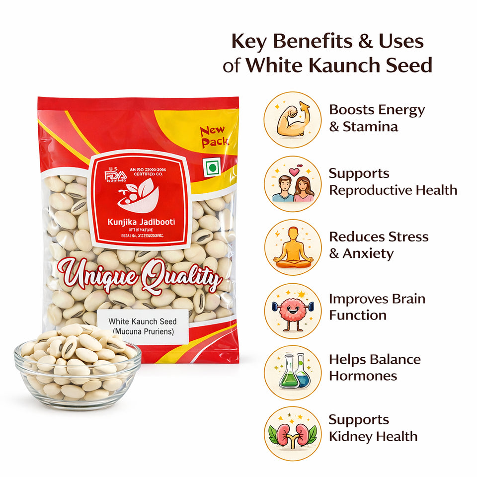 Kunjika Jadibooti White Kaunch beej, Konch Seed, Safed Koch ke beej, Alkushi, Kauch, Mucuna Pruriens, Velvet Beans, Kapikachhu, Cowitch, Cowhage (100 Grams)