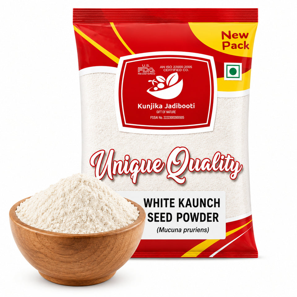 Kunjika Jadibooti White Kaunch Beej Powder, Konch Seed Churan, Safed Koch ke beej, Alkushi, Kauch, Mucuna Pruriens, Velvet Beans, Kapikachhu Powder (100 Grams)