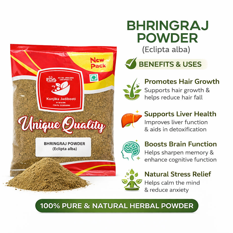 Kunjika Jadibooti Bhringraj Powder for Hair Growth, Skin and Eating Natural, Eclipta alba, Bringraj Powder, Bhringrajasava, Bringaraja 100 grams