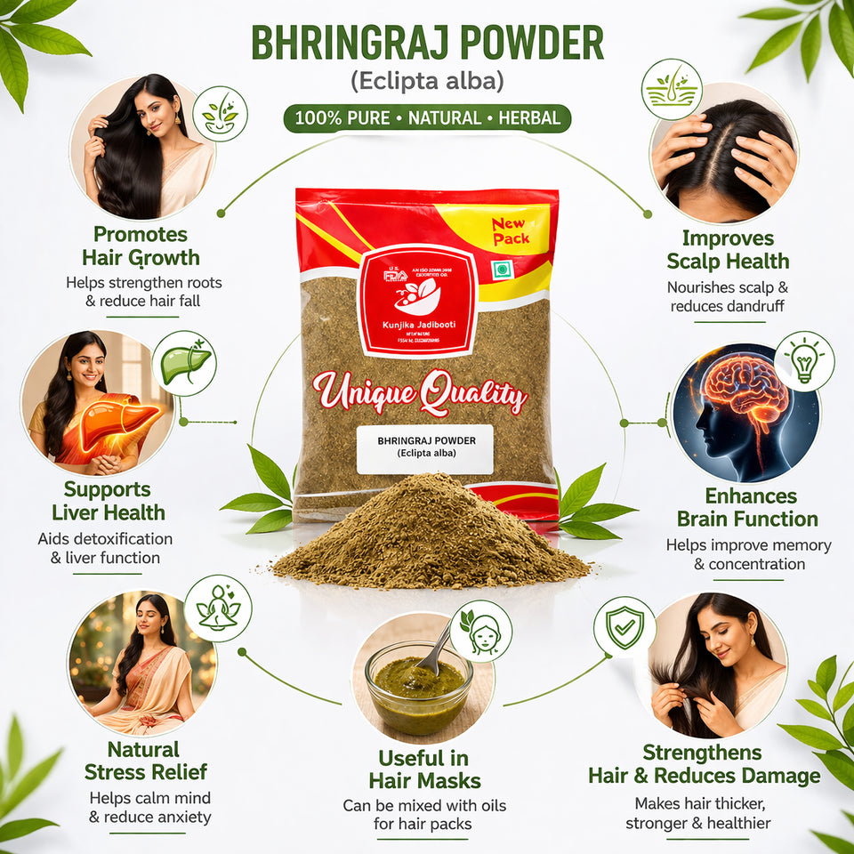 Kunjika Jadibooti Bhringraj Powder for Hair Growth, Skin and Eating Natural, Eclipta alba, Bringraj Powder, Bhringrajasava, Bringaraja 100 grams