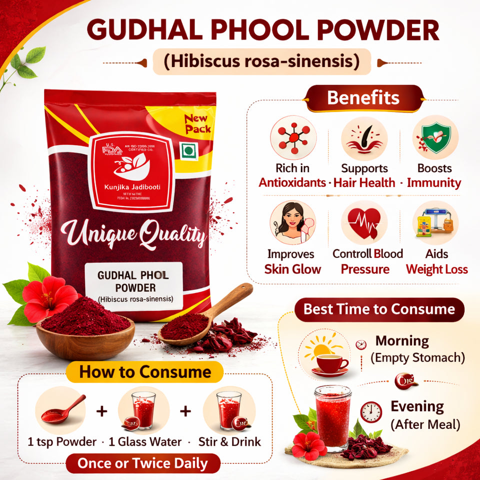 Kunjika Jadibooti Natural Raw Gudhal Powder |Hair pack, Face Pack, Eating (Gudhal ka Phool, Mandaram, Gongura, Mandaram, Arhul) 100 grams