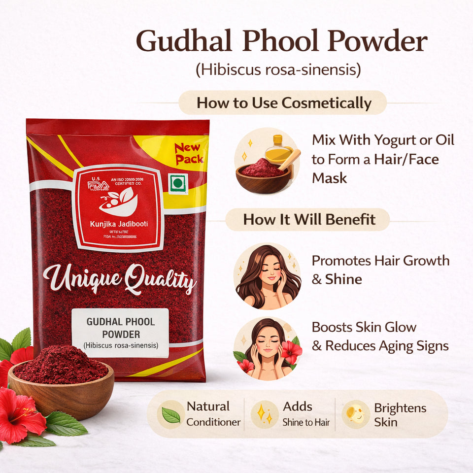Kunjika Jadibooti Natural Raw Gudhal Powder |Hair pack, Face Pack, Eating (Gudhal ka Phool, Mandaram, Gongura, Mandaram, Arhul) 100 grams