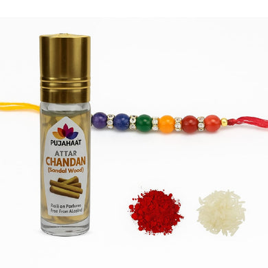 Pujahaat Raksha Bandhan Combo- Sandalwood | Chandan Attar ( Alcohol-Free) 6ml & 7 Chakra Crystal 8mm Beads Rakhi