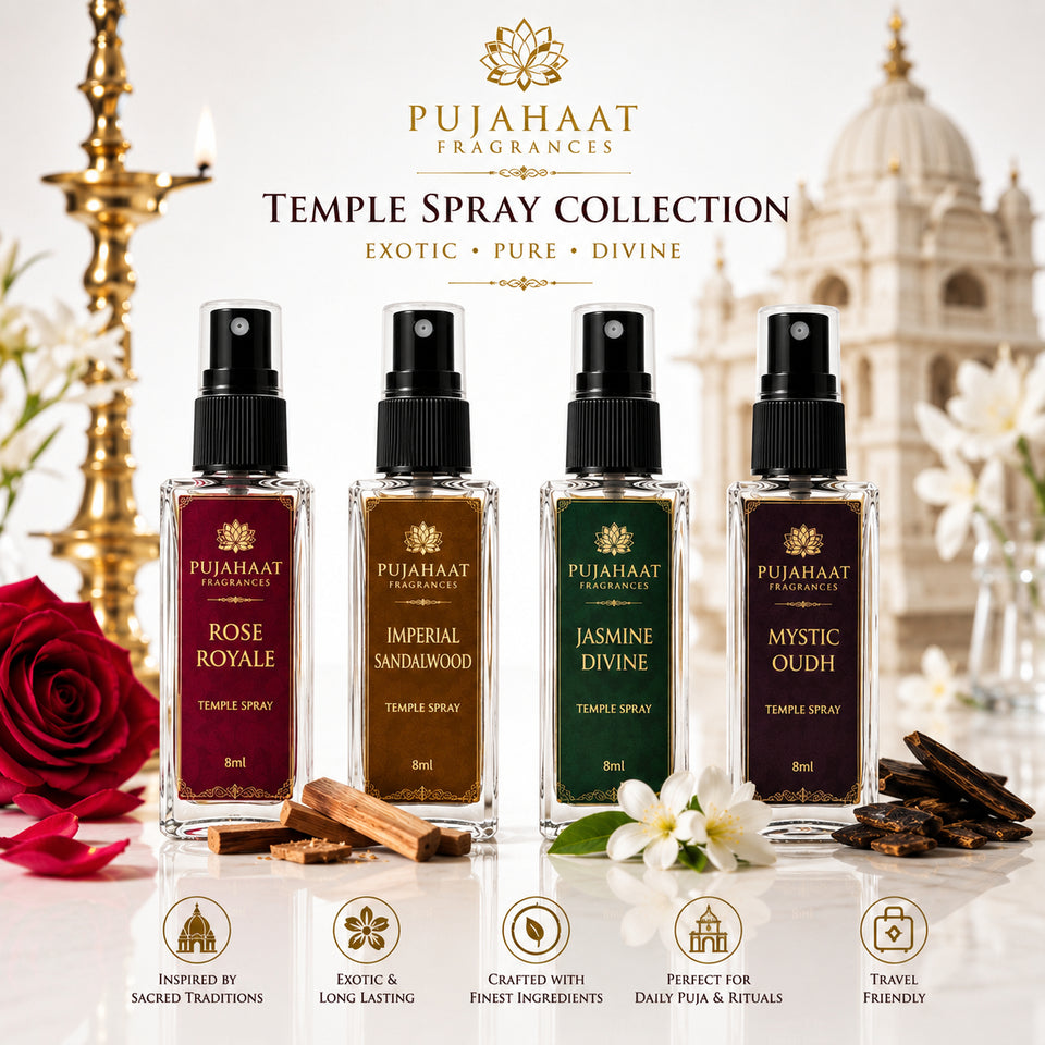 Pujahaat Set of 4 Perfume Attar Spray 8ml | itra/ittar Perfume | For Pooja/Personal Use Tulsi, Raatrani, Lemongrass, Neem Tulsi