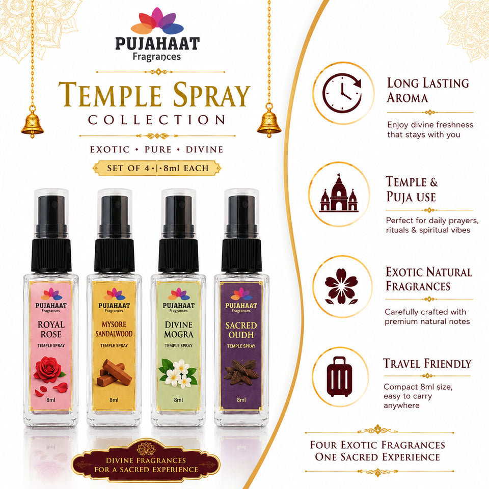 Pujahaat Set of 4 Perfume Attar Spray 8ml | itra/ittar Perfume | For Pooja/Personal Use Evil Eye, Fruit Punch, Khus, Ylang Ylang