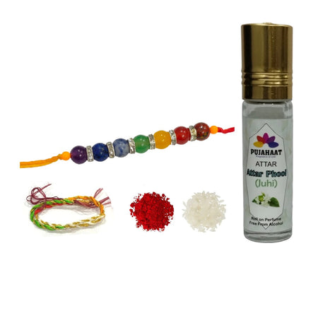 Pujahaat Raksha Bandhan Combo- Attar Phool (Juhi) ( Alcohol-Free) 6ml & 7 Chakra Crystal 8mm Beads Rakhi