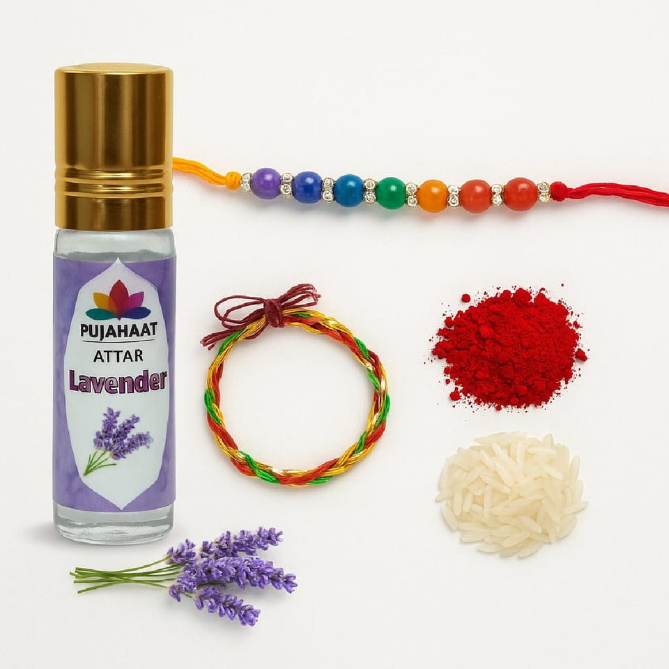 Pujahaat Raksha Bandhan Combo- Lavender Attar ( Alcohol-Free) 6ml & 7 Chakra Crystal 8mm Beads Rakhi