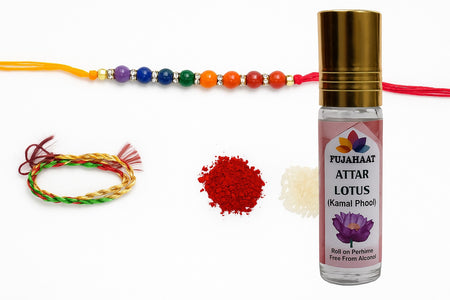 Pujahaat Raksha Bandhan Combo- Lotus Attar ( Alcohol-Free) 6ml & 7 Chakra Crystal 8mm Beads Rakhi